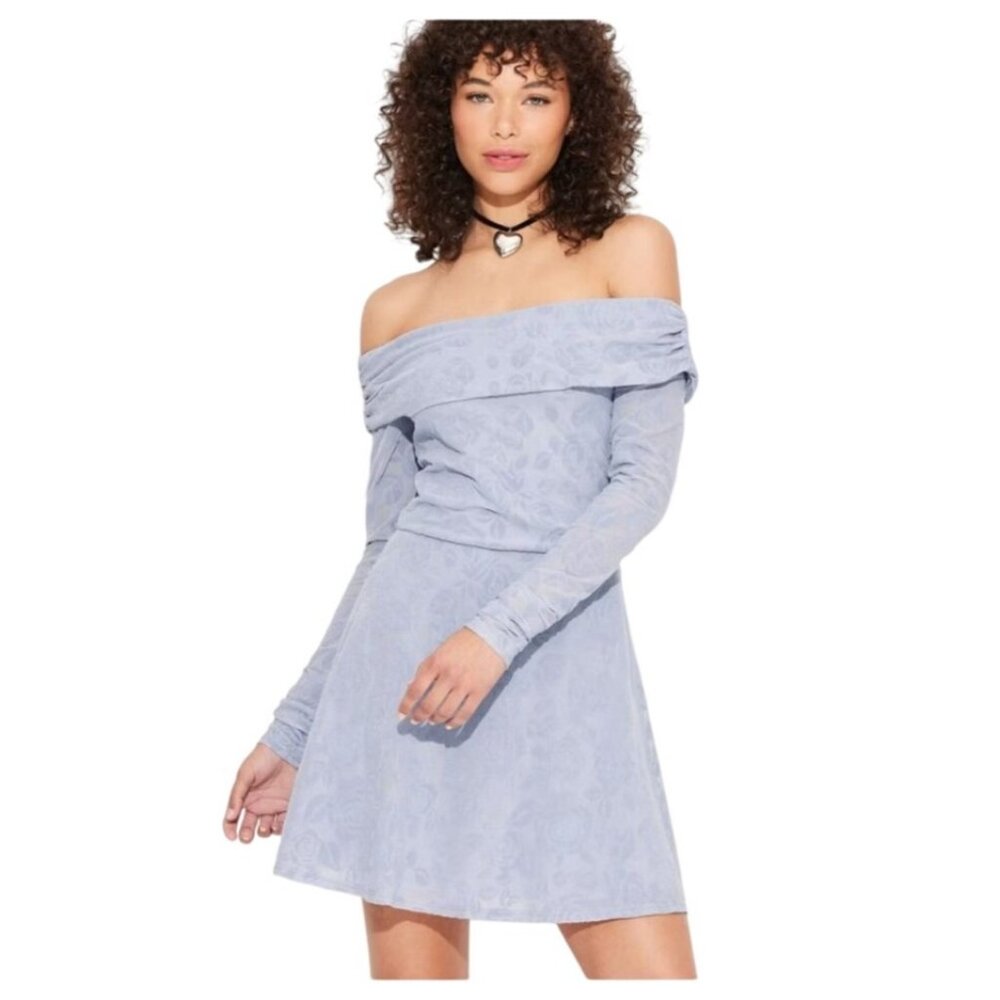 Wild Fable Off Shoulder Velvet Floral Textured Dress In Soft Blue Gray Size M